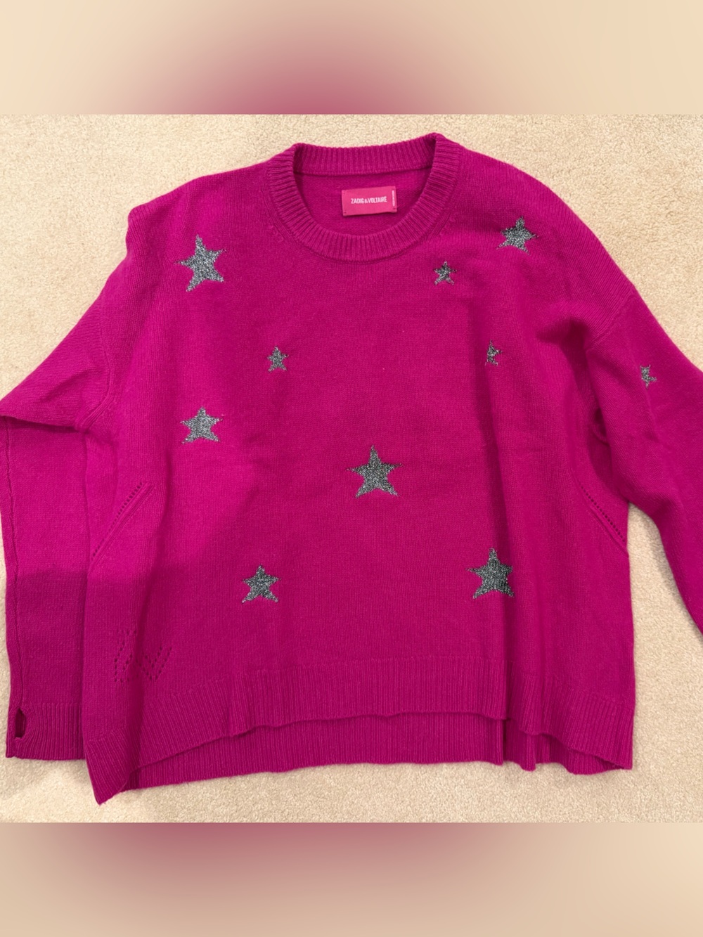 Zadig & Voltaire Fuchsia Crewneck Sweater with Silver Star Embellishments